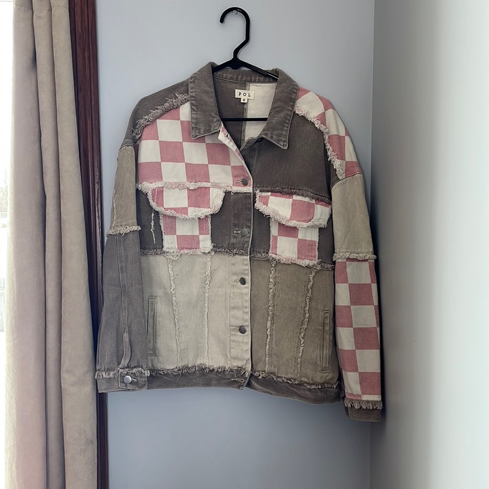 POL checkered brown and pink denim jacket